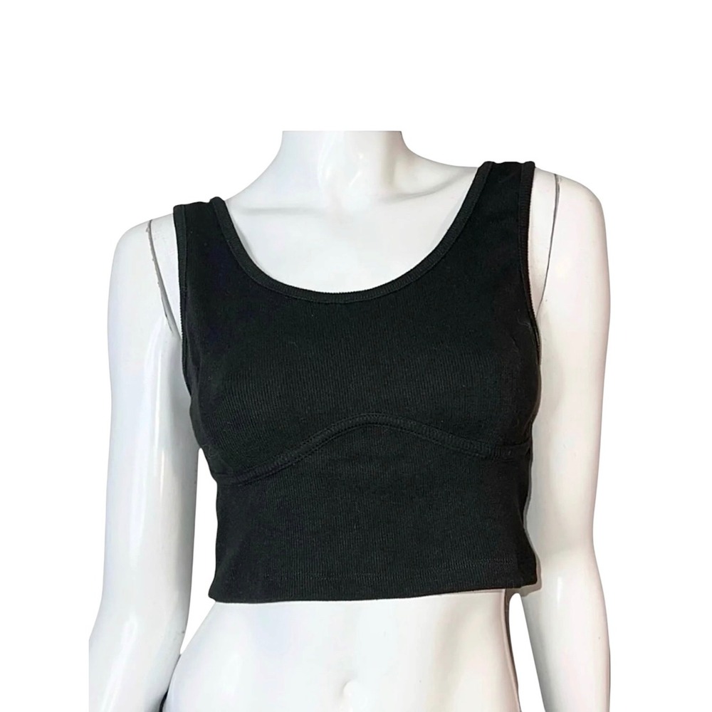 Signature 8 Womens Ribbed Knit Crop Top Scoop Neck Black Bust Seam Tank Large